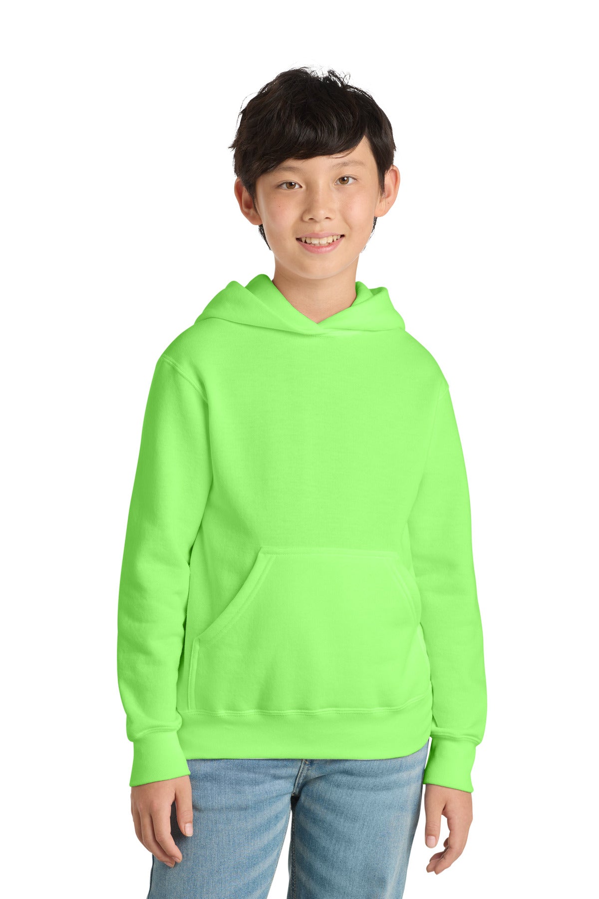 Neon Green Port & Co Youth Core Fleece Pullover Hooded Sweatshirt. PC90YH