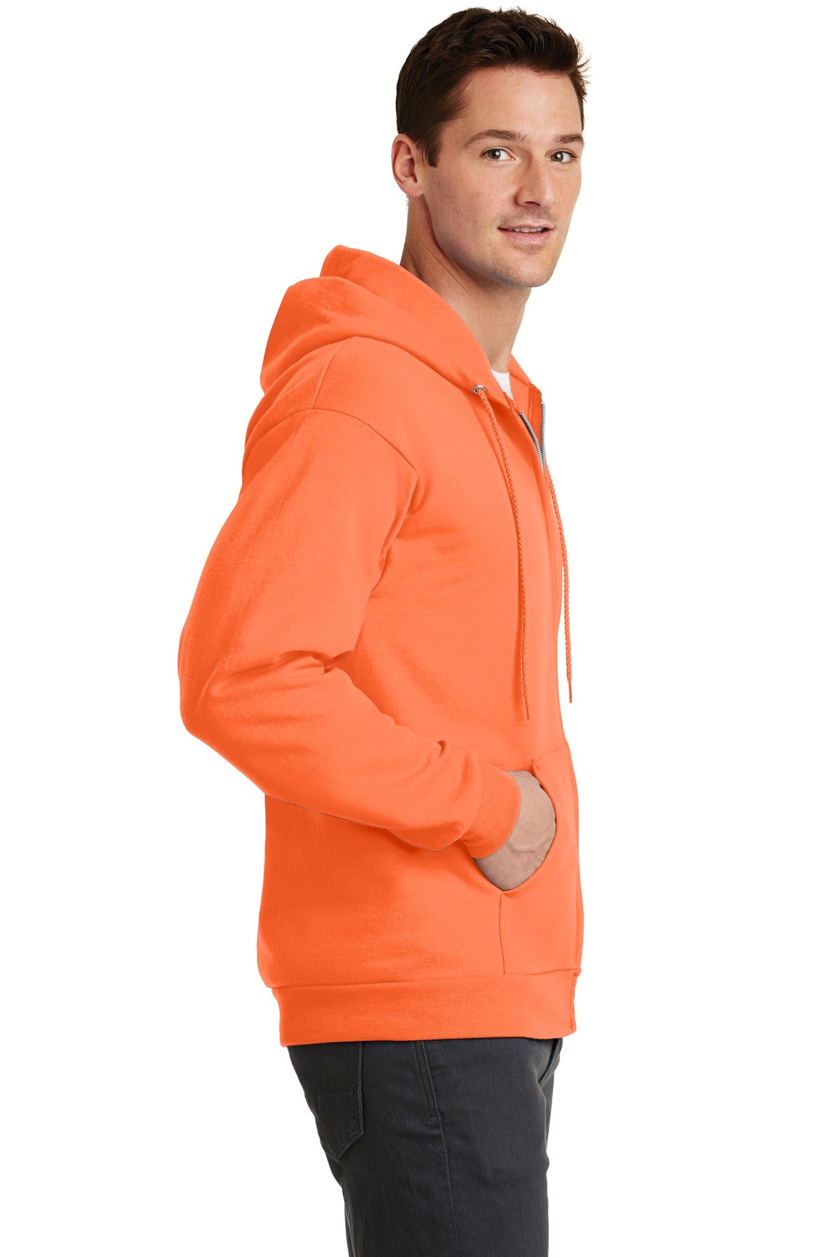 Neon Orange Port & Co Core Fleece Full-Zip Hooded Sweatshirt. PC78ZH