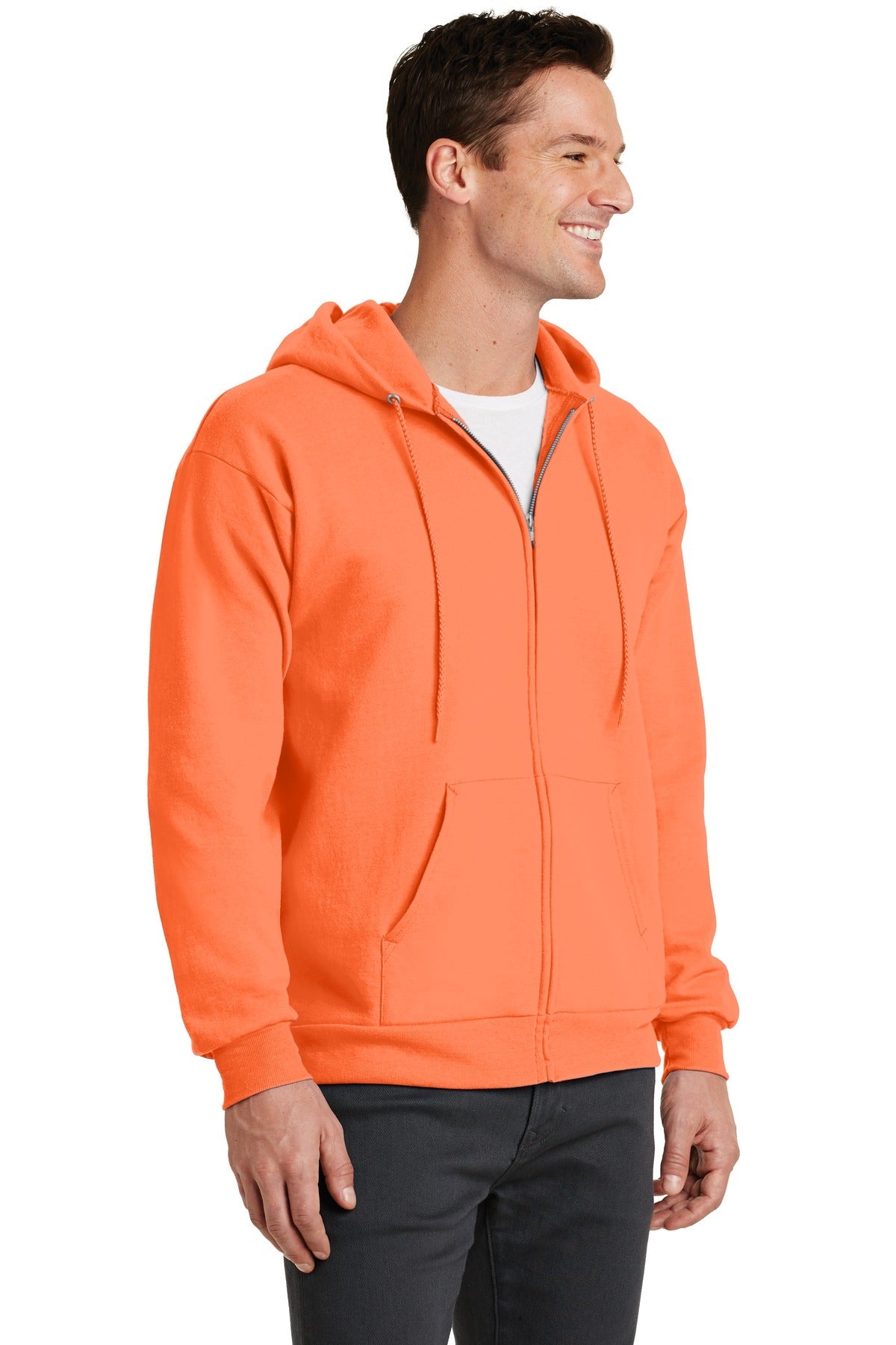 Neon Orange Port & Co Core Fleece Full-Zip Hooded Sweatshirt. PC78ZH