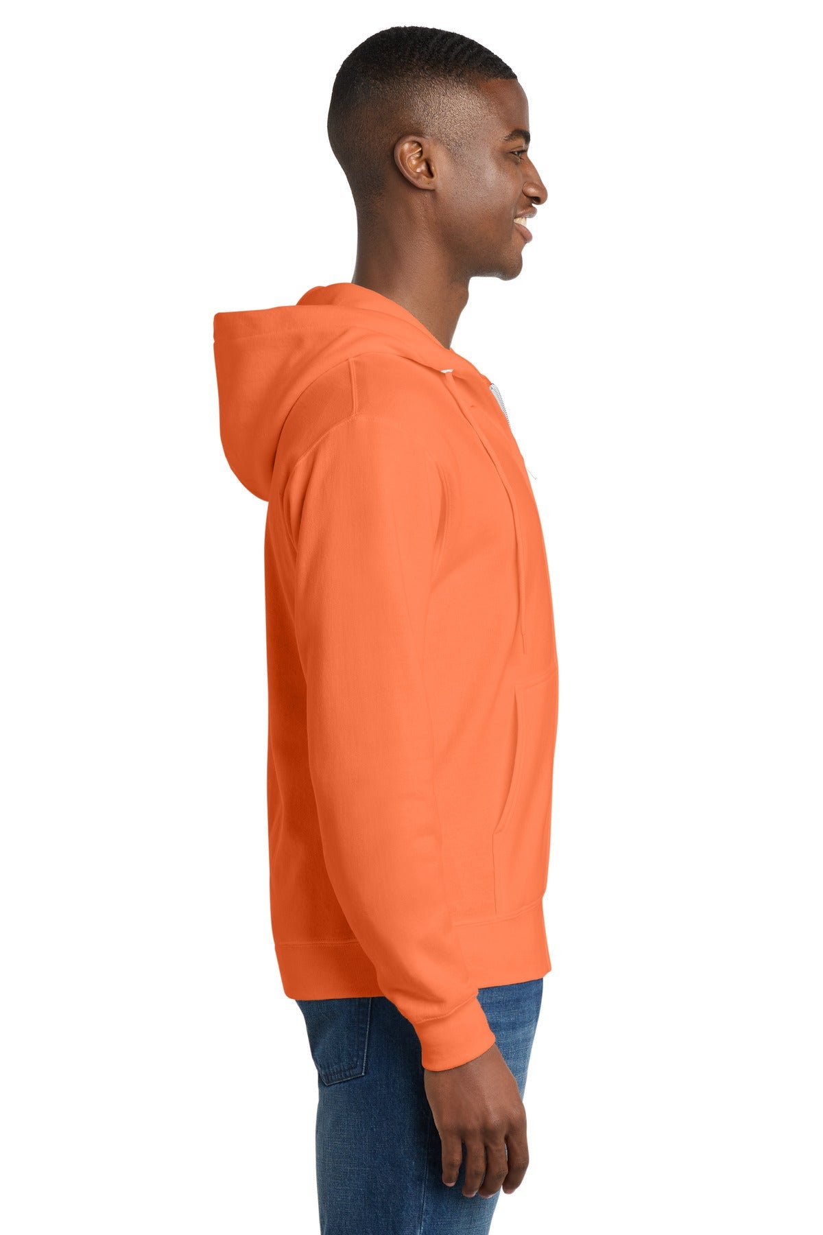 Neon Orange Port & Co Core Fleece Full-Zip Hooded Sweatshirt. PC78ZH