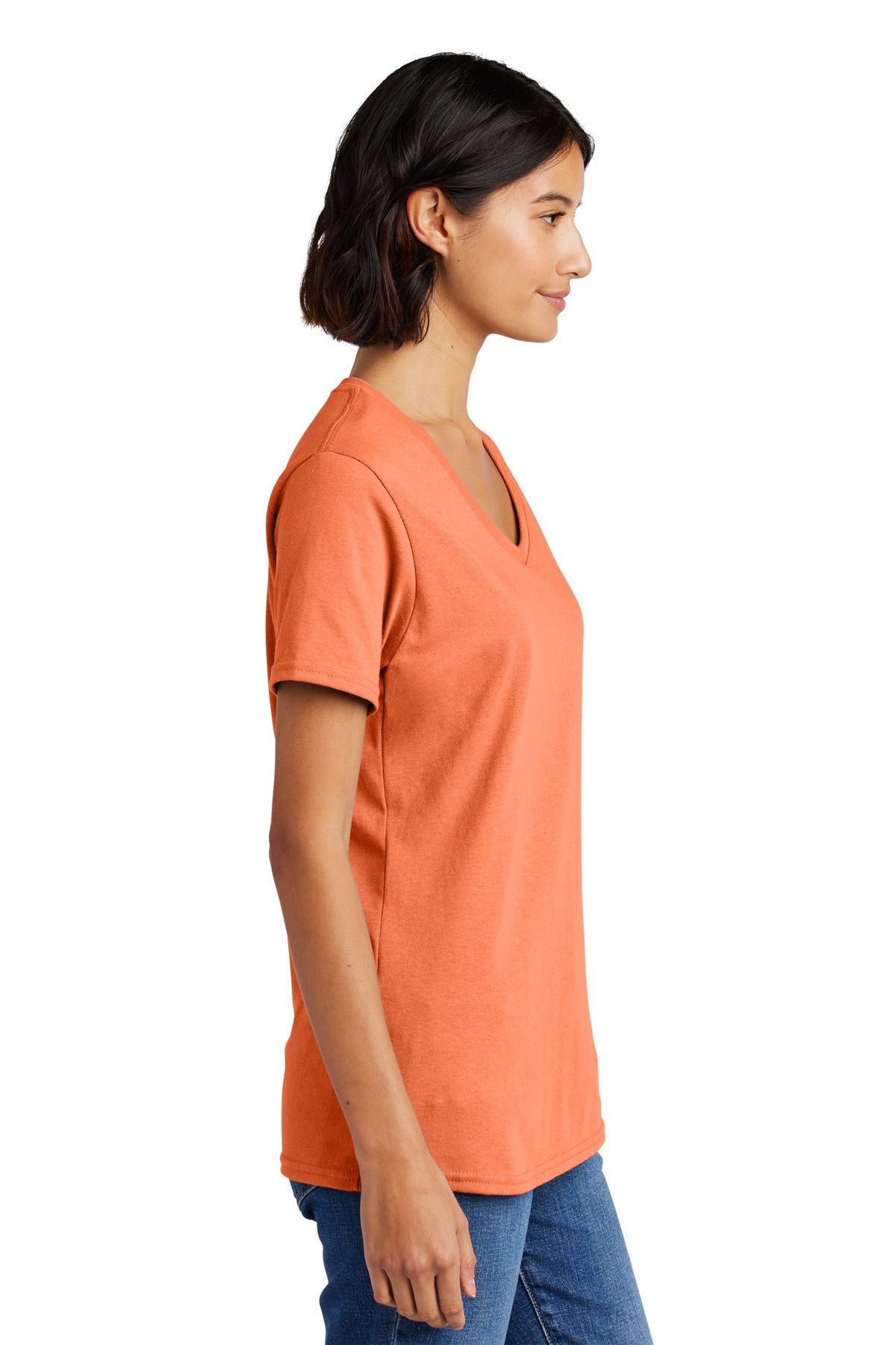 Neon Orange Port & Co Women's Core Cotton V-Neck Tee. LPC54V