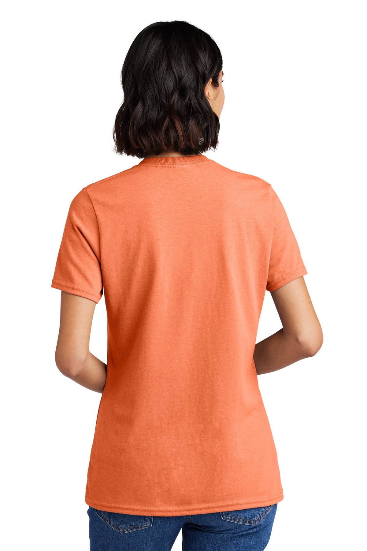 Neon Orange Port & Co Women's Core Cotton V-Neck Tee. LPC54V