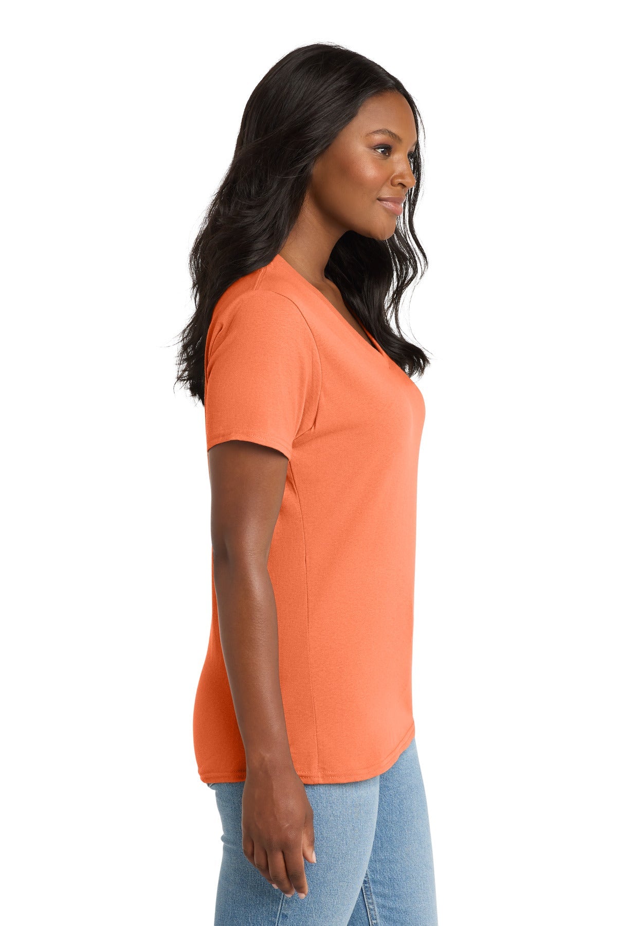 Neon Orange Port & Co Women's Core Cotton V-Neck Tee. LPC54V