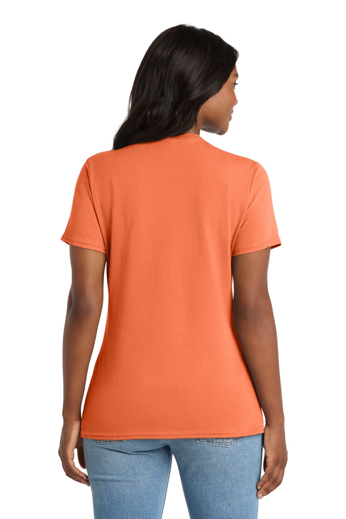 Neon Orange Port & Co Women's Core Cotton V-Neck Tee. LPC54V