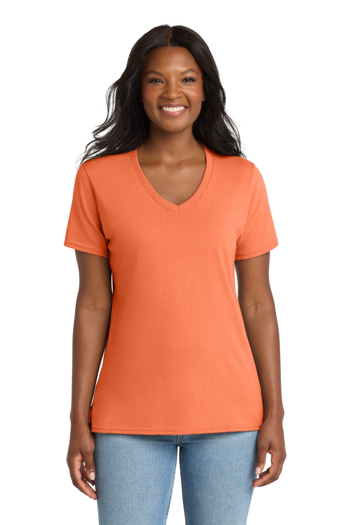 Neon Orange Port & Co Women's Core Cotton V-Neck Tee. LPC54V