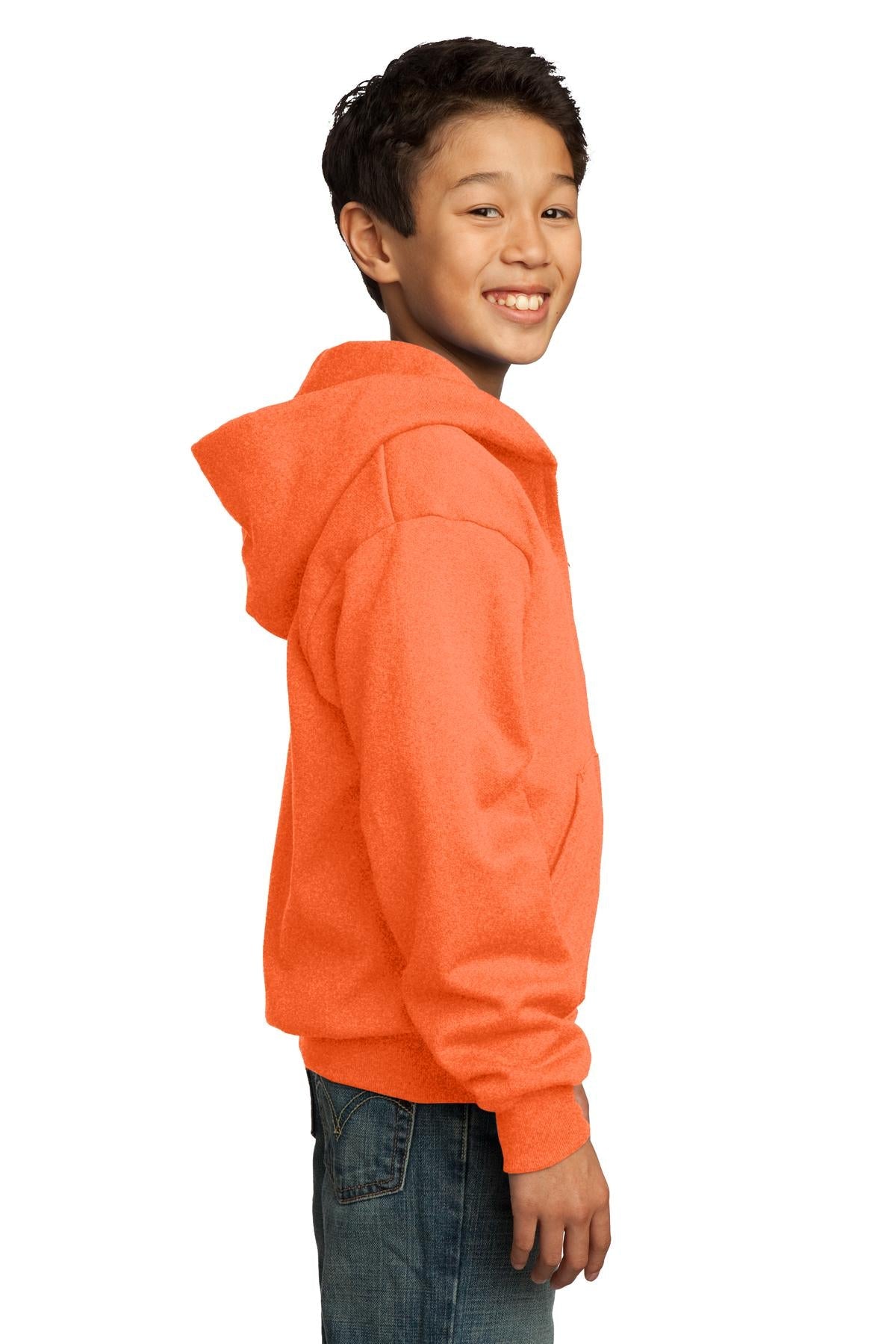 Neon Orange Port & Co Youth Core Fleece Full-Zip Hooded Sweatshirt. PC90YZH