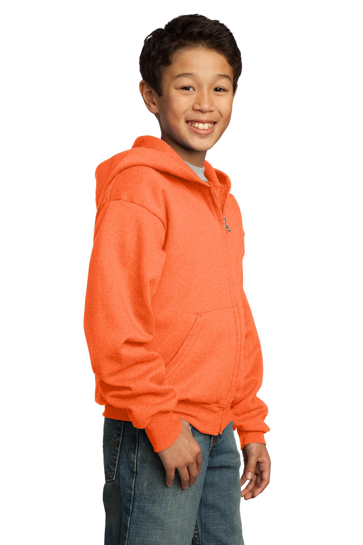 Neon Orange Port & Co Youth Core Fleece Full-Zip Hooded Sweatshirt. PC90YZH