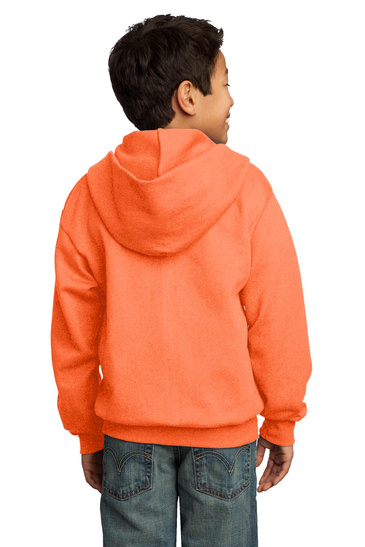Neon Orange Port & Co Youth Core Fleece Full-Zip Hooded Sweatshirt. PC90YZH
