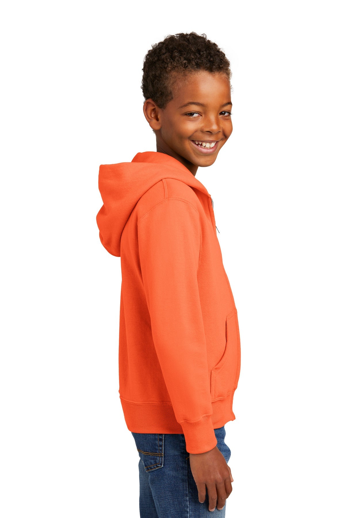 Neon Orange Port & Co Youth Core Fleece Full-Zip Hooded Sweatshirt. PC90YZH