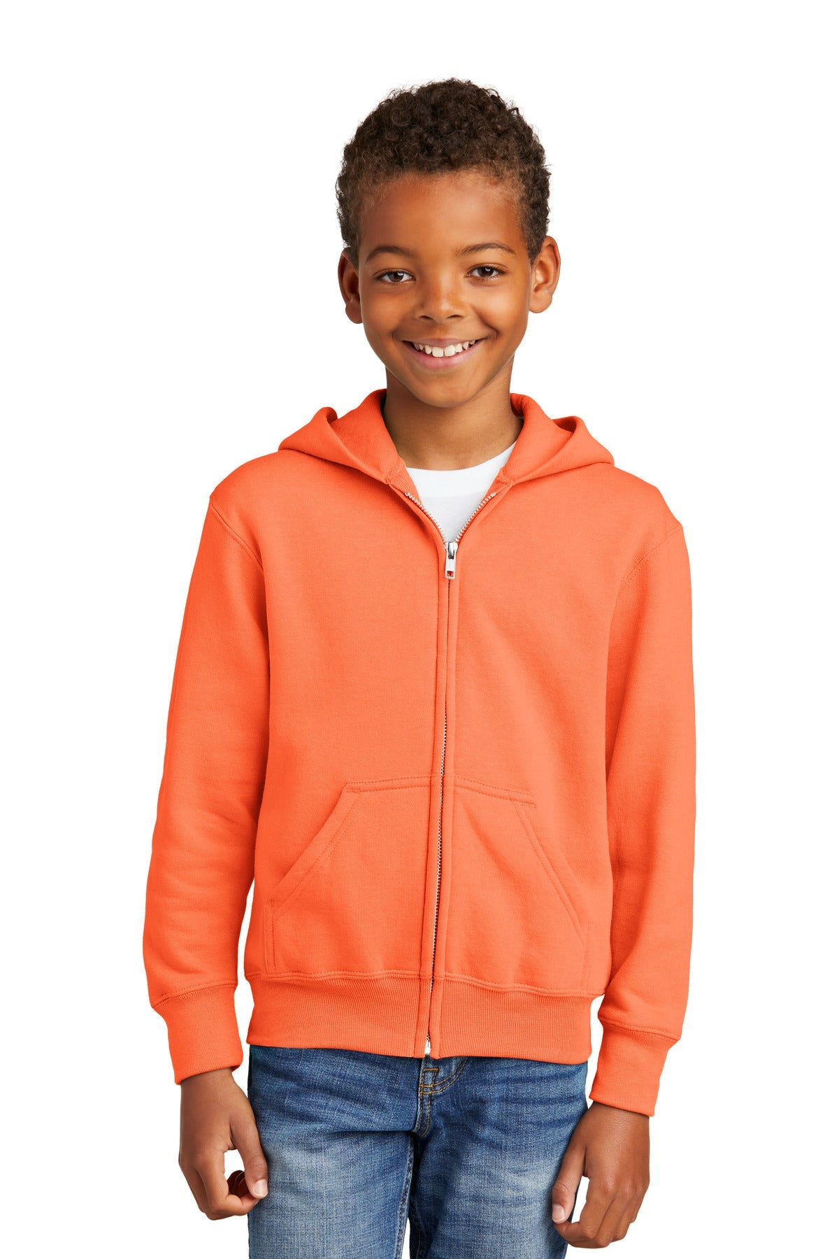 Neon Orange Port & Co Youth Core Fleece Full-Zip Hooded Sweatshirt. PC90YZH