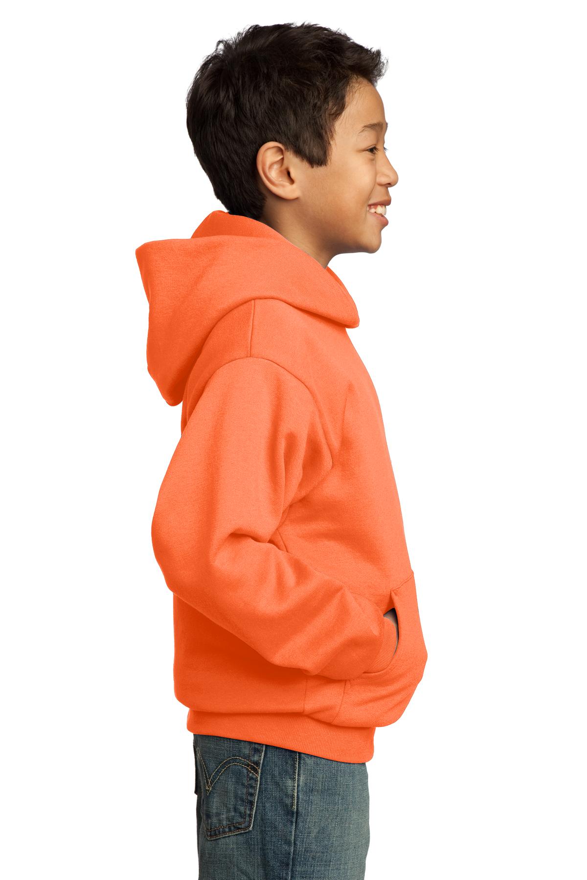 Neon Orange Port & Co Youth Core Fleece Pullover Hooded Sweatshirt. PC90YH