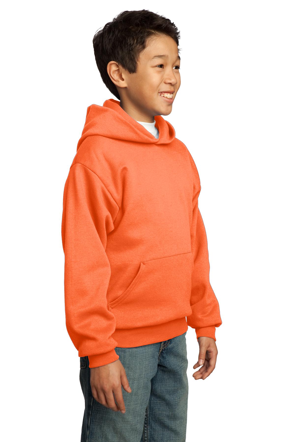 Neon Orange Port & Co Youth Core Fleece Pullover Hooded Sweatshirt. PC90YH