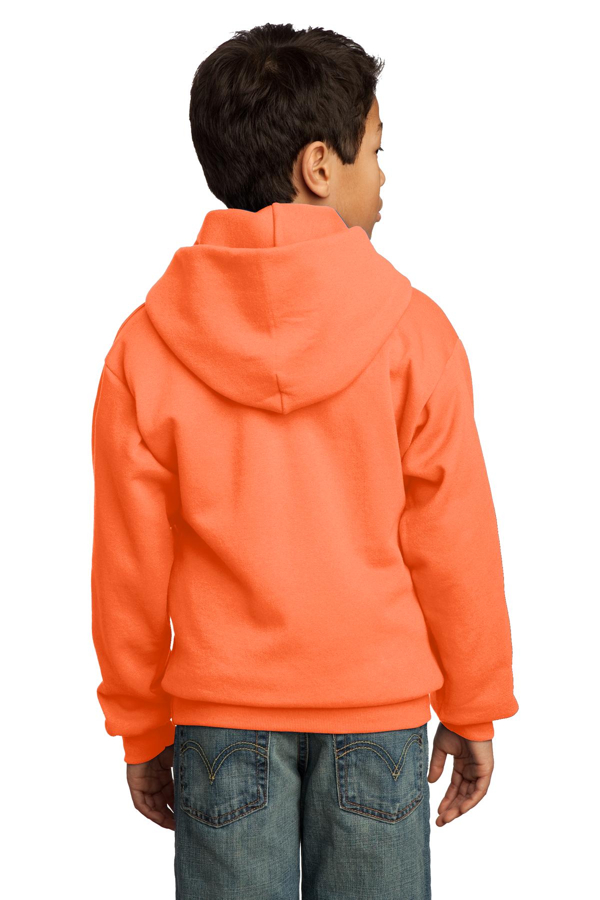 Neon Orange Port & Co Youth Core Fleece Pullover Hooded Sweatshirt. PC90YH