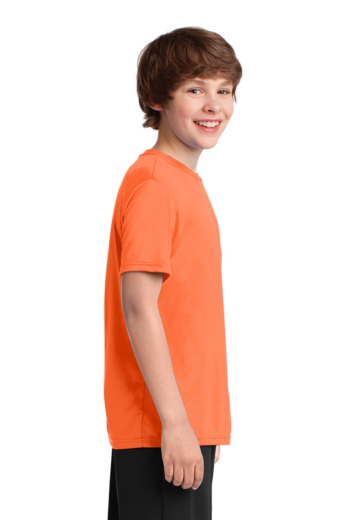 Neon Orange Port & Co Youth Performance Tee. PC380Y