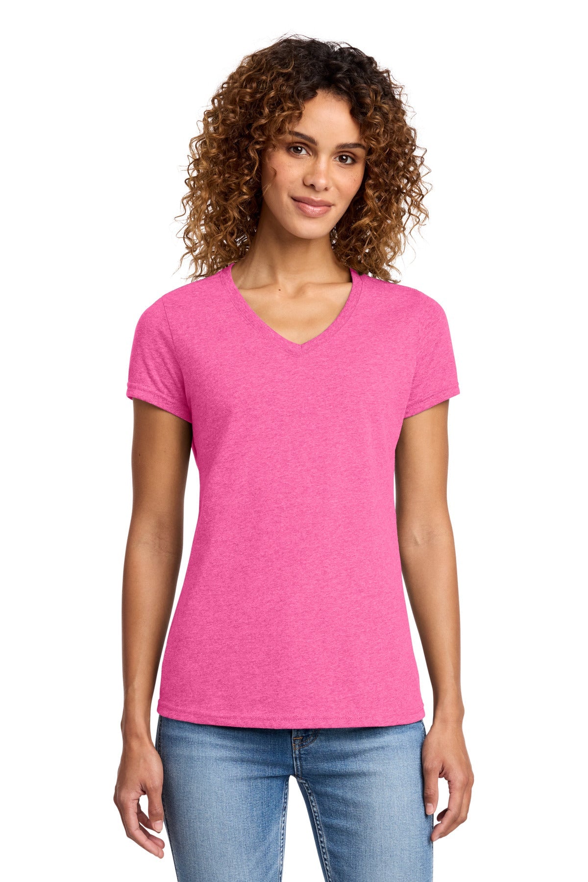 Neon Pink Hthr Port & Co Women's Fan Favorite Blend V-Neck Tee. LPC455V