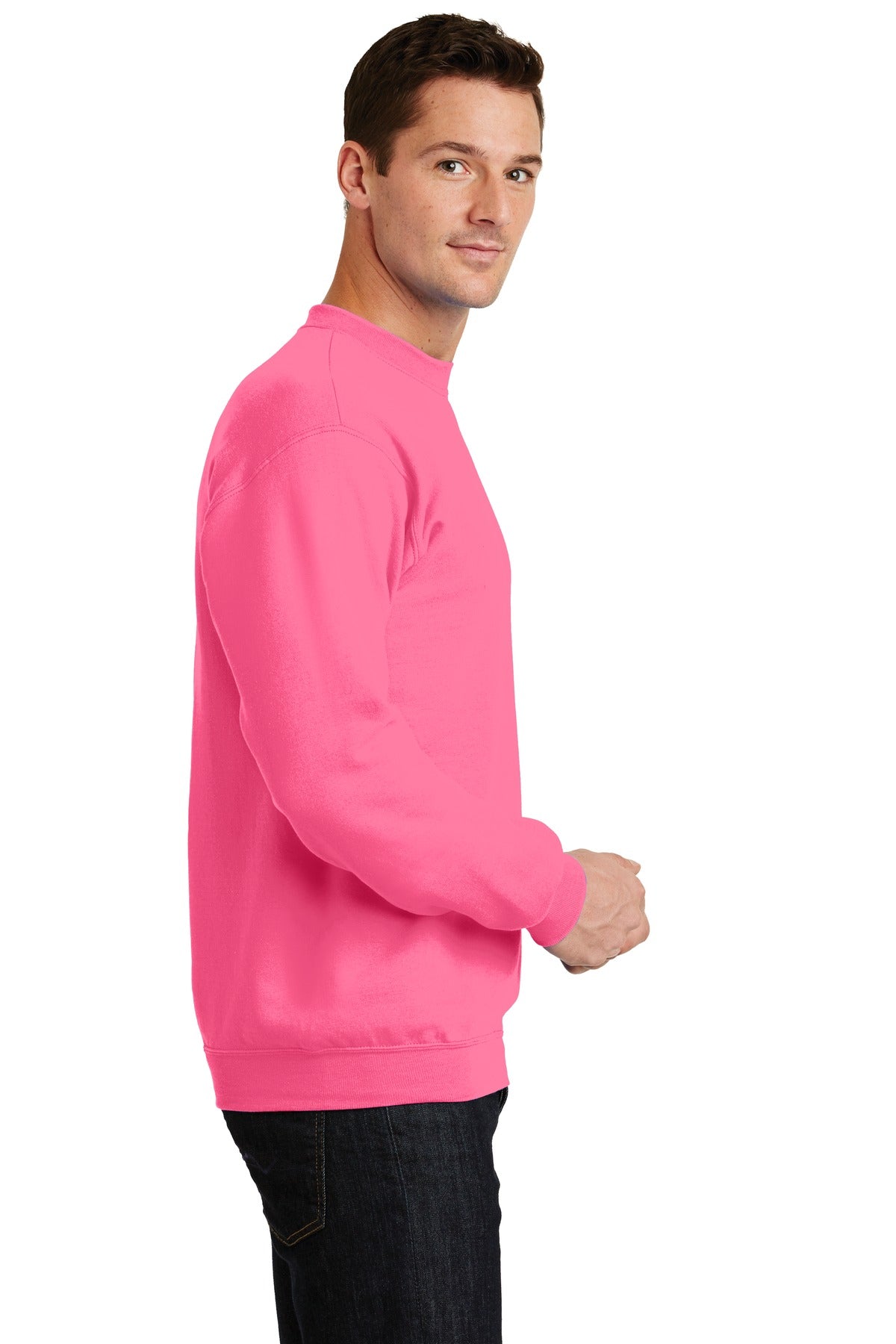 Neon Pink Port & Co Core Fleece Crewneck Sweatshirt. PC78