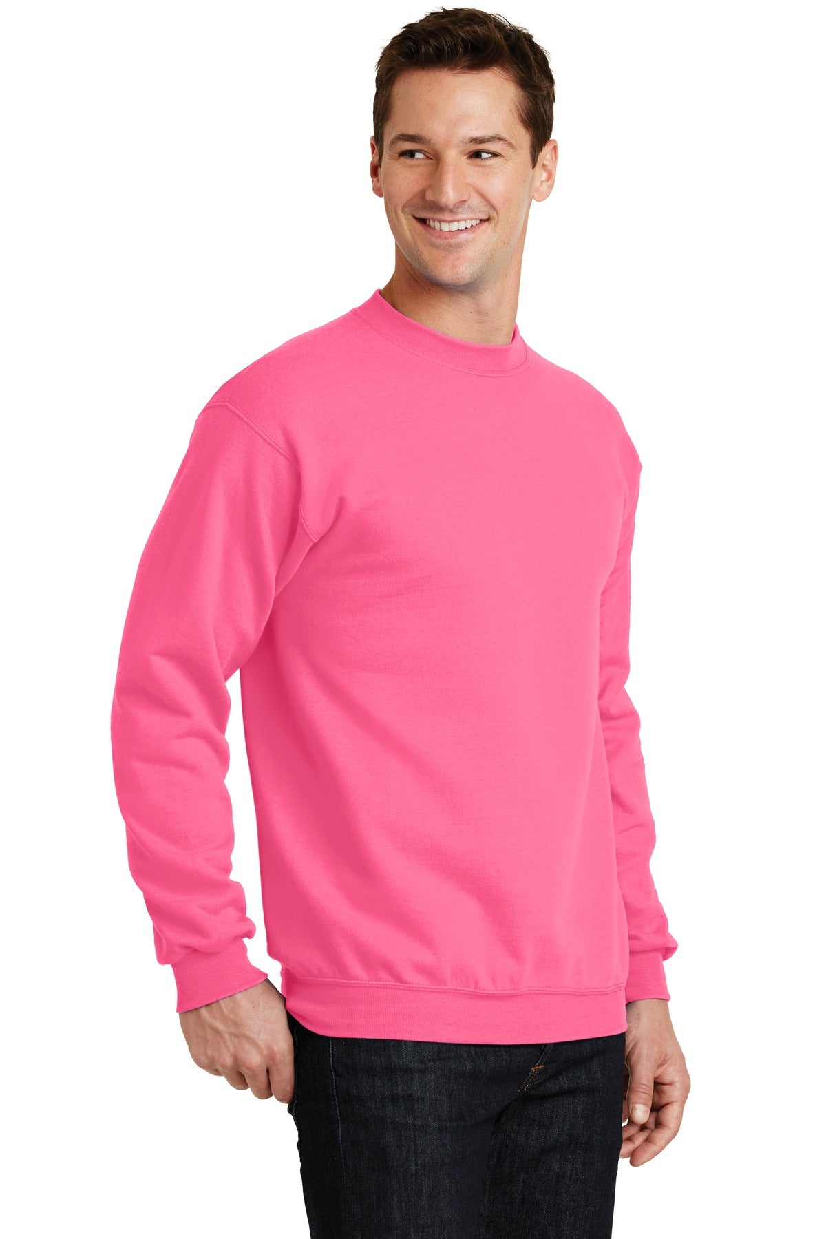 Neon Pink Port & Co Core Fleece Crewneck Sweatshirt. PC78