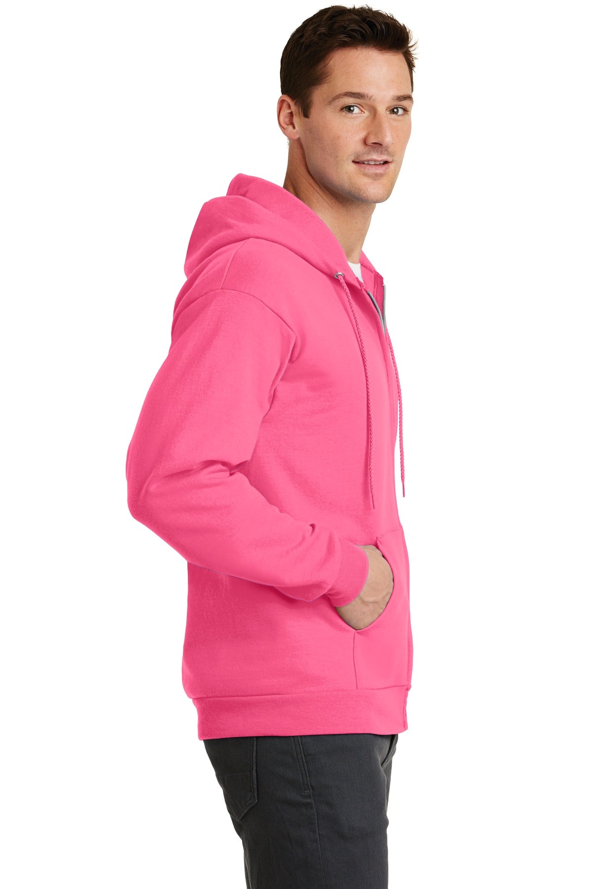 Neon Pink Port & Co Core Fleece Full-Zip Hooded Sweatshirt. PC78ZH
