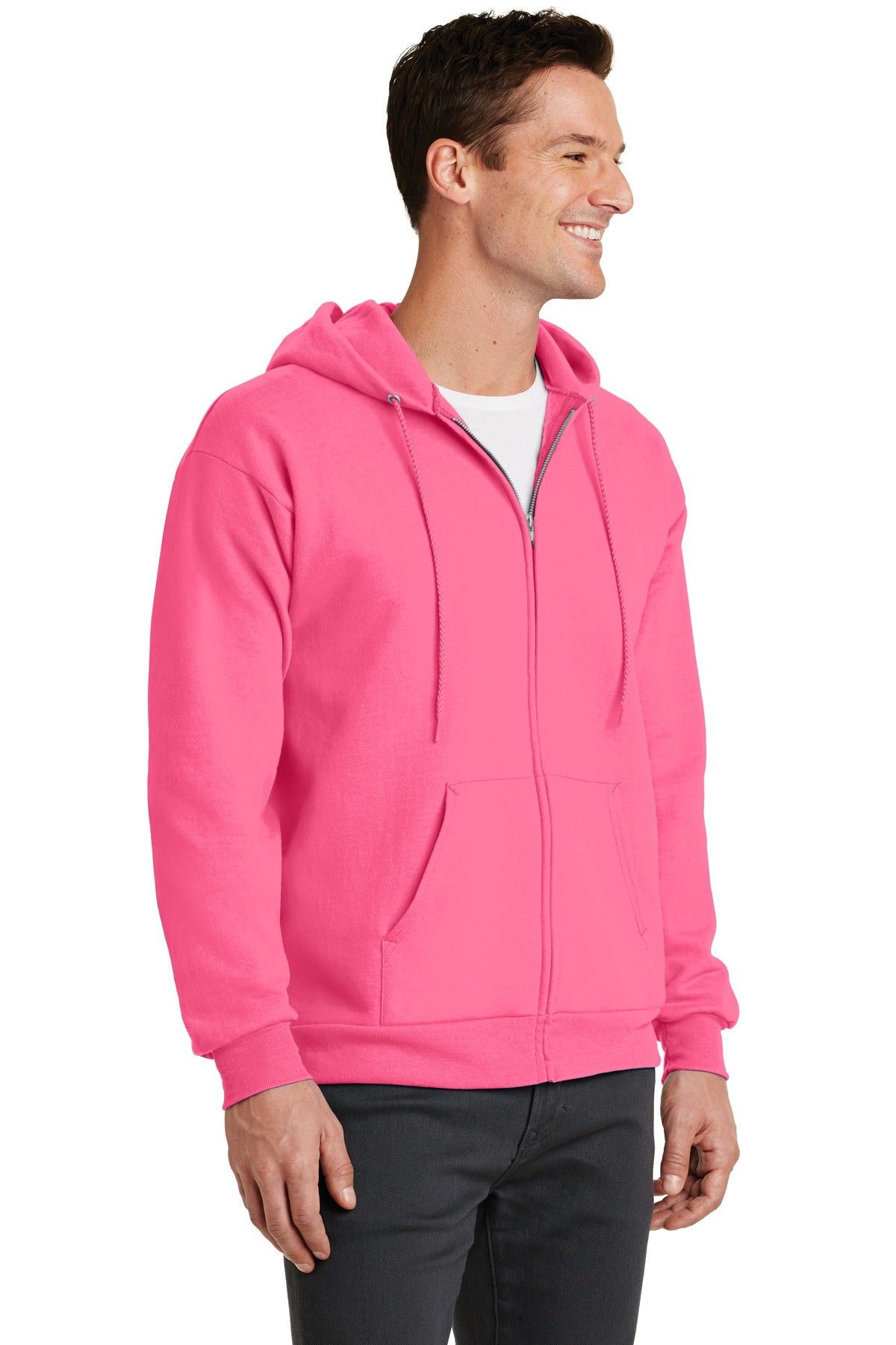 Neon Pink Port & Co Core Fleece Full-Zip Hooded Sweatshirt. PC78ZH
