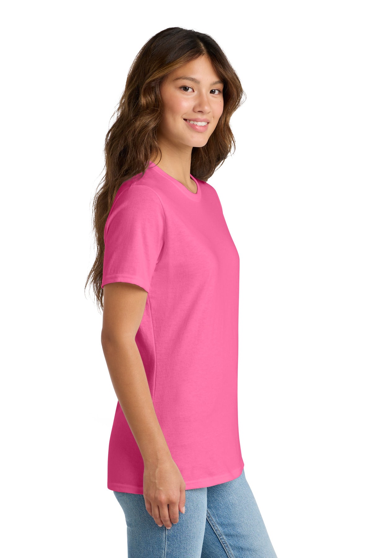 Neon Pink Port & Co Women's Core Cotton Tee. LPC54