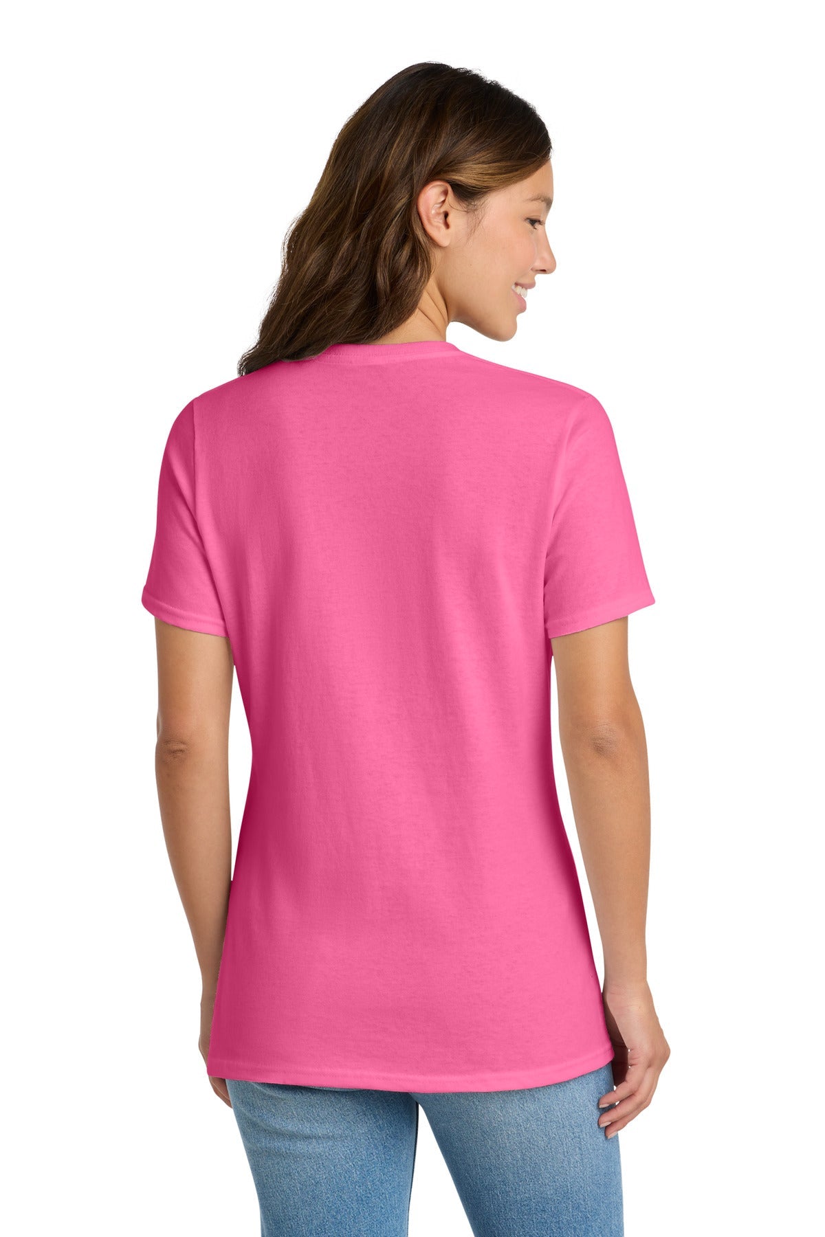 Neon Pink Port & Co Women's Core Cotton Tee. LPC54