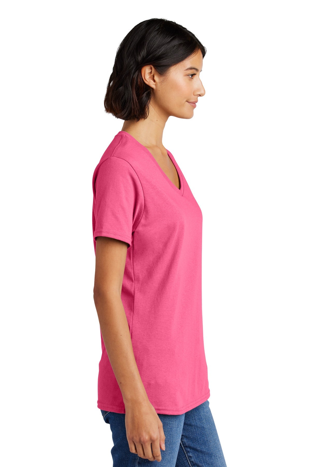 Neon Pink Port & Co Women's Core Cotton V-Neck Tee. LPC54V