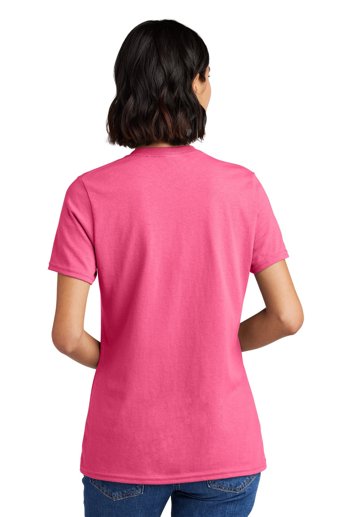 Neon Pink Port & Co Women's Core Cotton V-Neck Tee. LPC54V