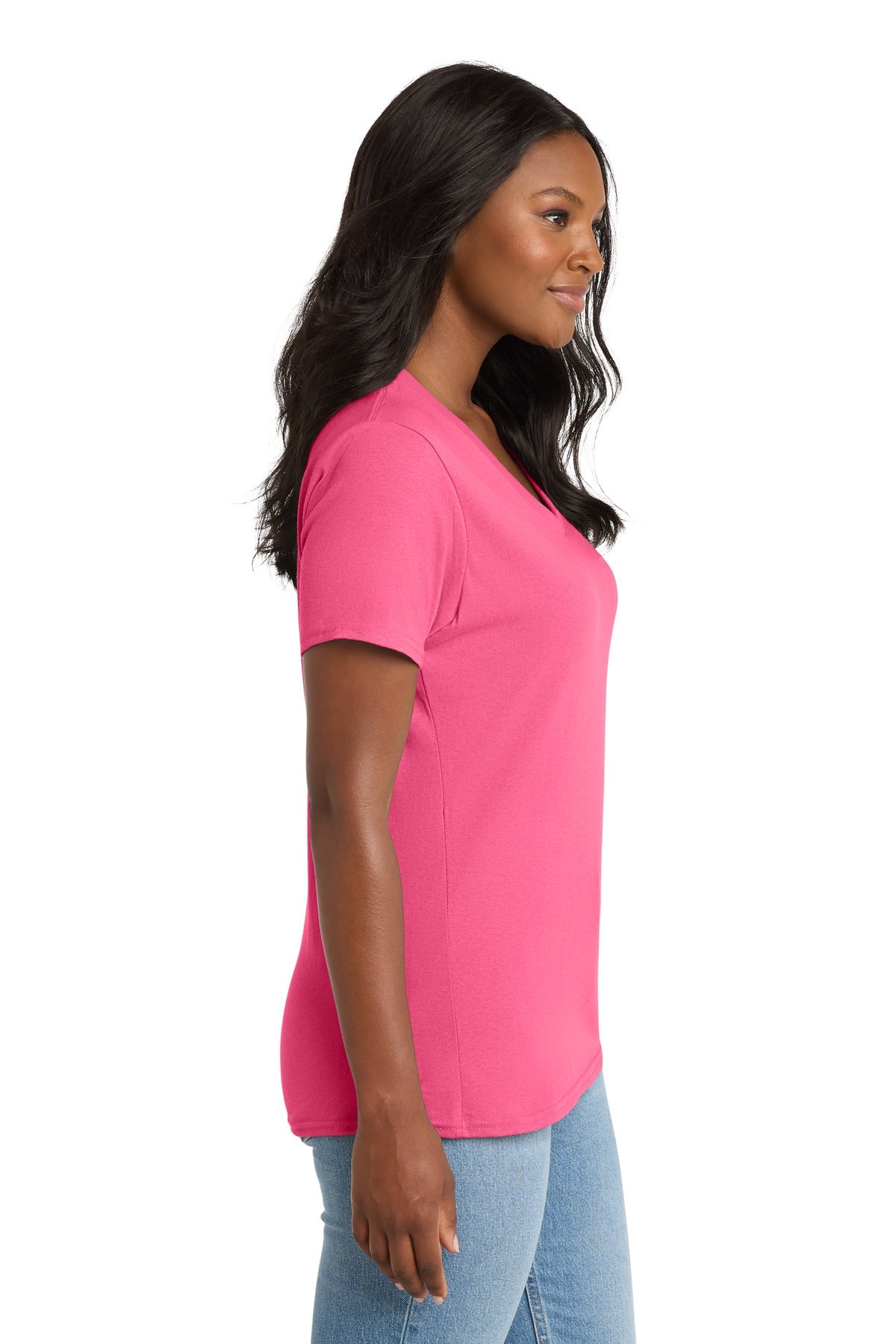 Neon Pink Port & Co Women's Core Cotton V-Neck Tee. LPC54V