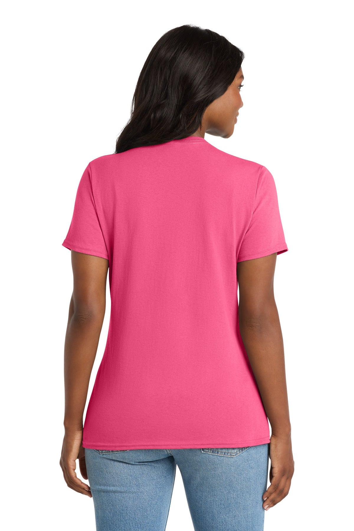 Neon Pink Port & Co Women's Core Cotton V-Neck Tee. LPC54V