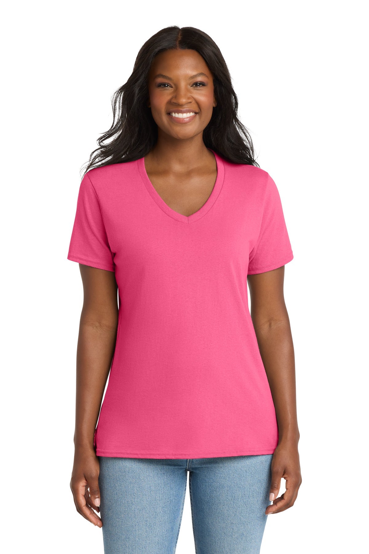 Neon Pink Port & Co Women's Core Cotton V-Neck Tee. LPC54V