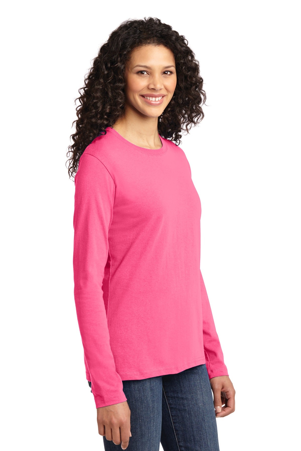 Neon Pink Port & Co Women's Long Sleeve Core Cotton Tee. LPC54LS