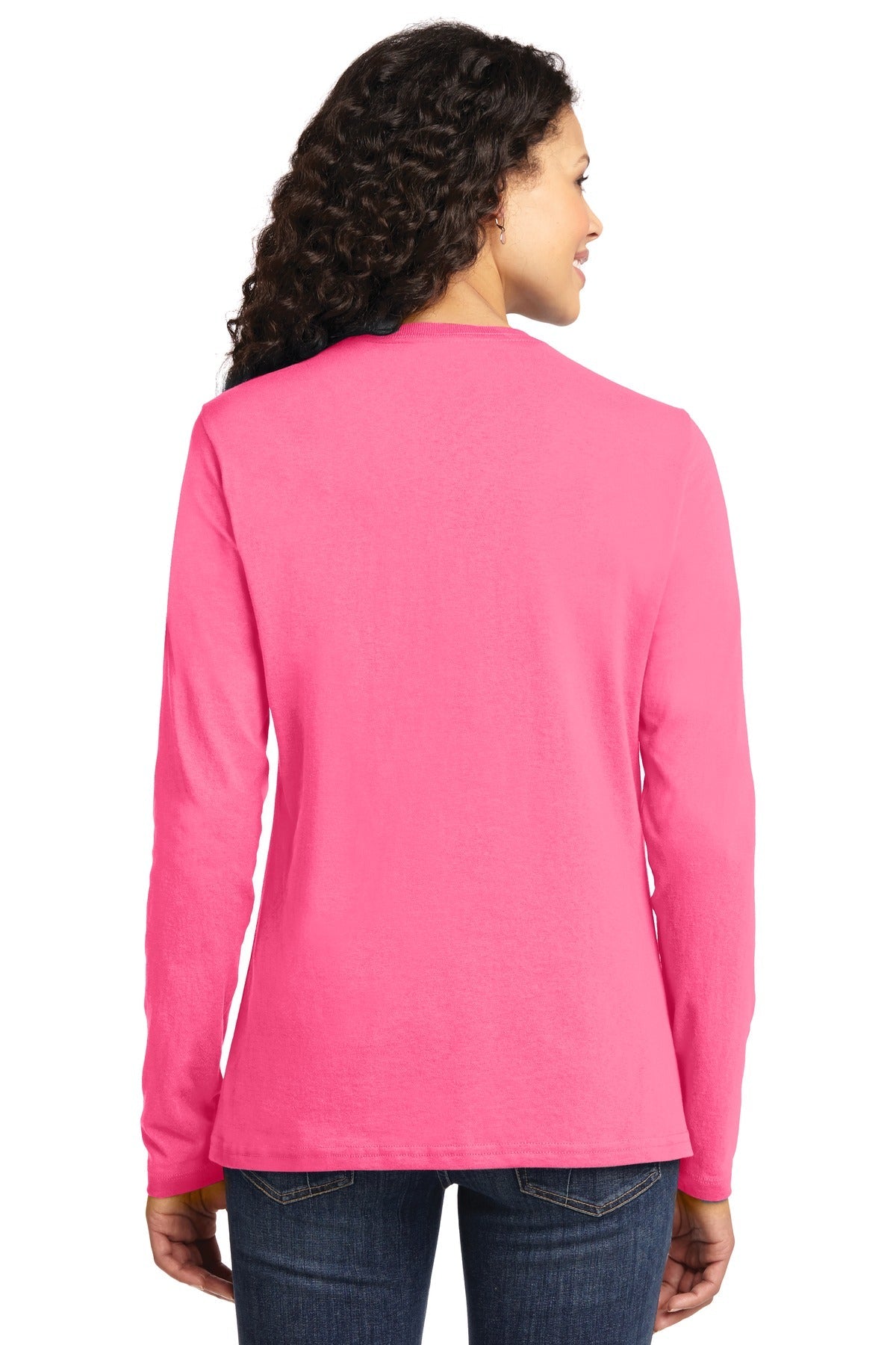 Neon Pink Port & Co Women's Long Sleeve Core Cotton Tee. LPC54LS