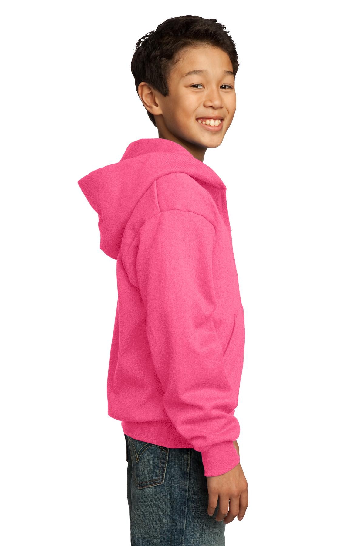 Neon Pink Port & Co Youth Core Fleece Full-Zip Hooded Sweatshirt. PC90YZH