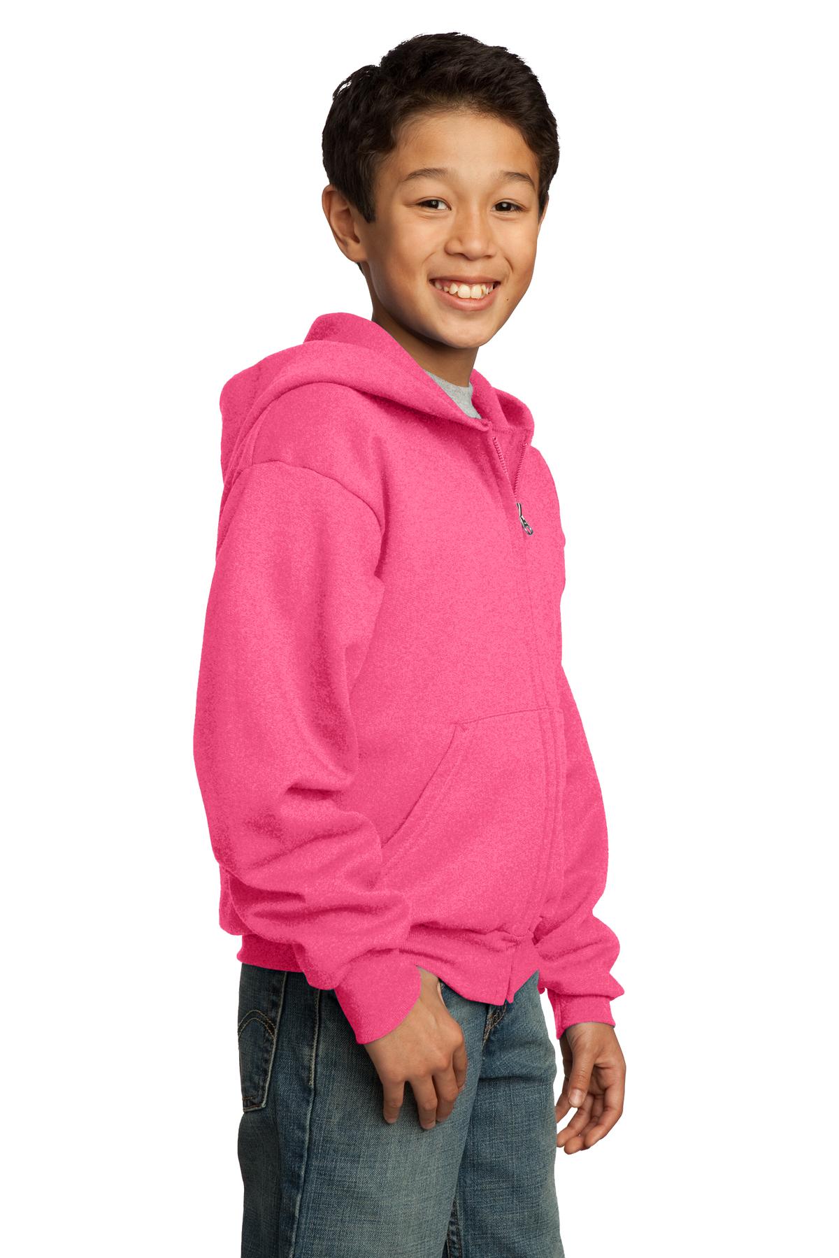Neon Pink Port & Co Youth Core Fleece Full-Zip Hooded Sweatshirt. PC90YZH