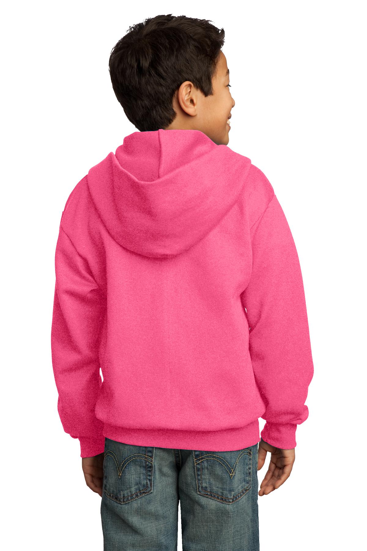 Neon Pink Port & Co Youth Core Fleece Full-Zip Hooded Sweatshirt. PC90YZH
