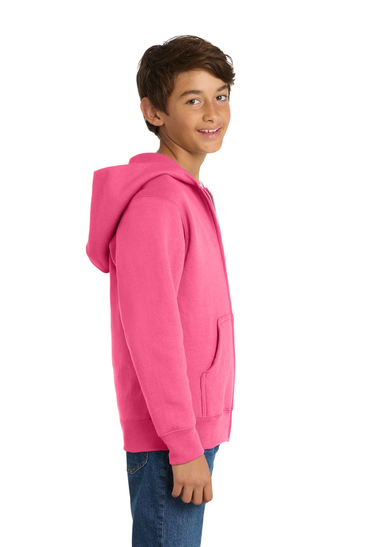 Neon Pink Port & Co Youth Core Fleece Full-Zip Hooded Sweatshirt. PC90YZH
