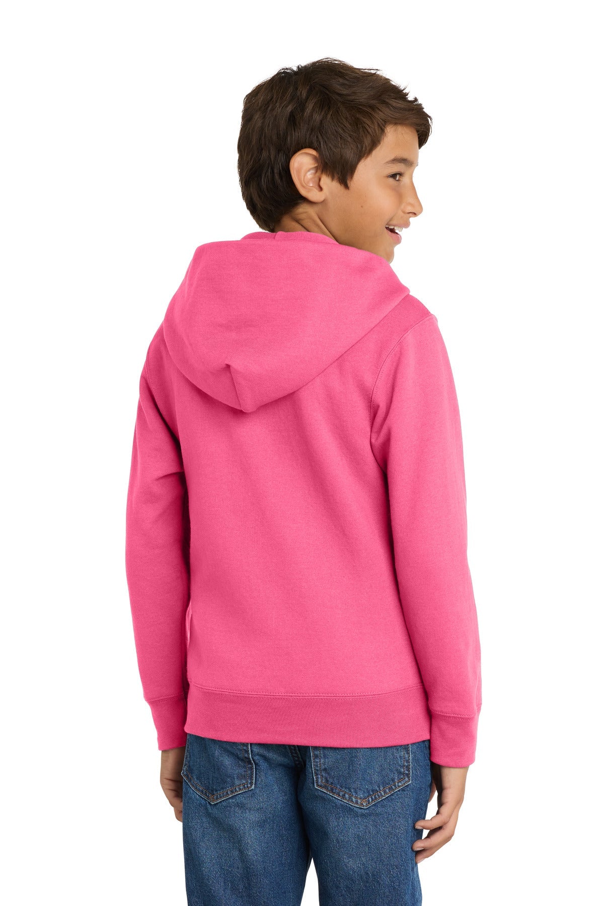 Neon Pink Port & Co Youth Core Fleece Full-Zip Hooded Sweatshirt. PC90YZH