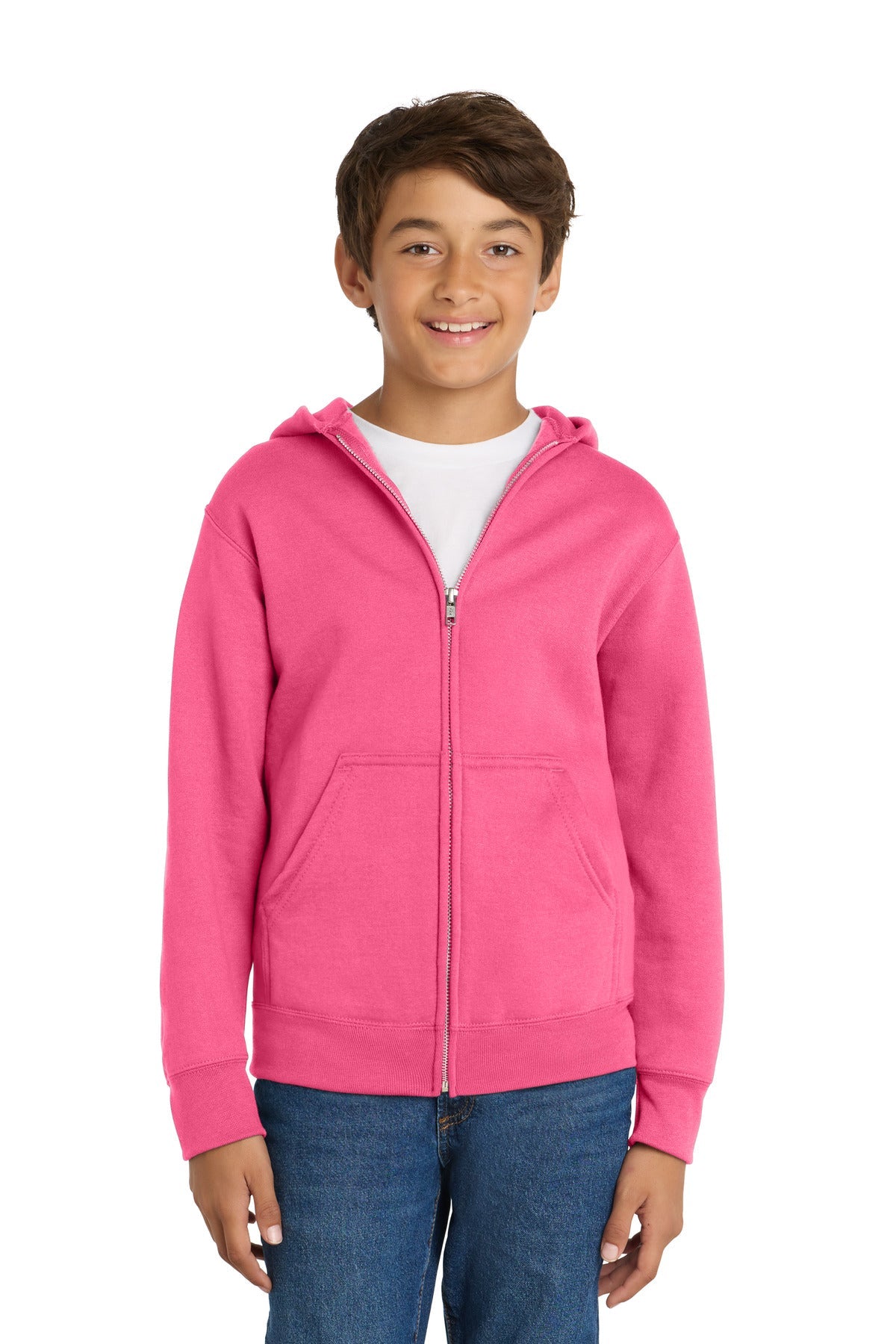 Neon Pink Port & Co Youth Core Fleece Full-Zip Hooded Sweatshirt. PC90YZH