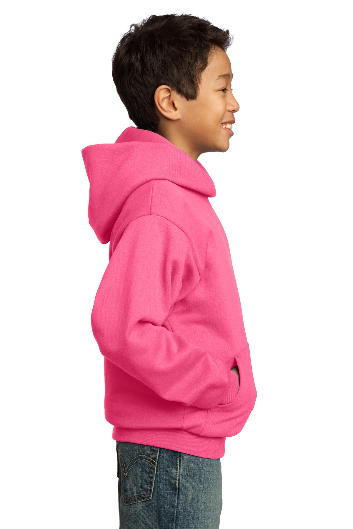 Neon Pink Port & Co Youth Core Fleece Pullover Hooded Sweatshirt. PC90YH