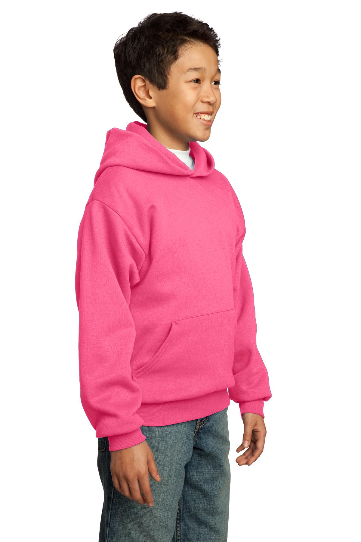 Neon Pink Port & Co Youth Core Fleece Pullover Hooded Sweatshirt. PC90YH