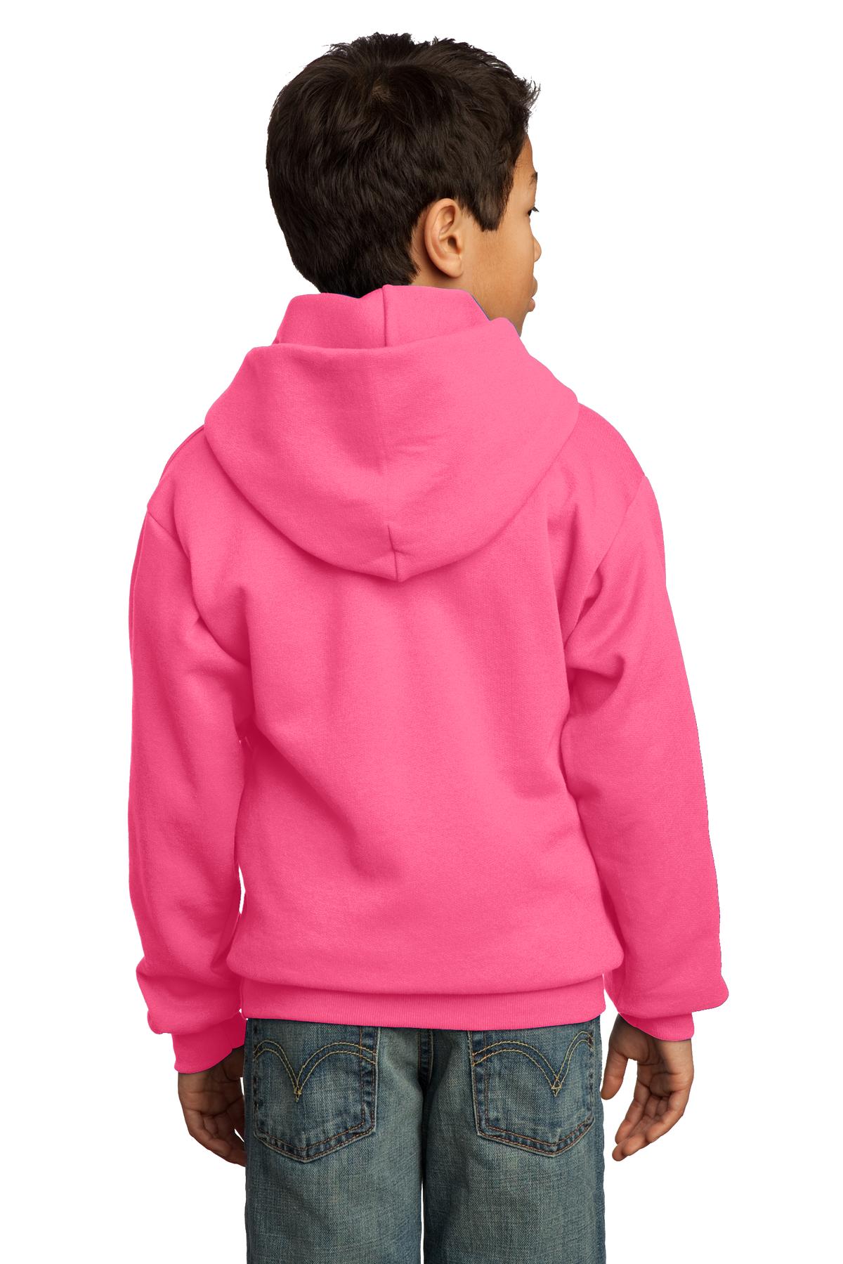 Neon Pink Port & Co Youth Core Fleece Pullover Hooded Sweatshirt. PC90YH