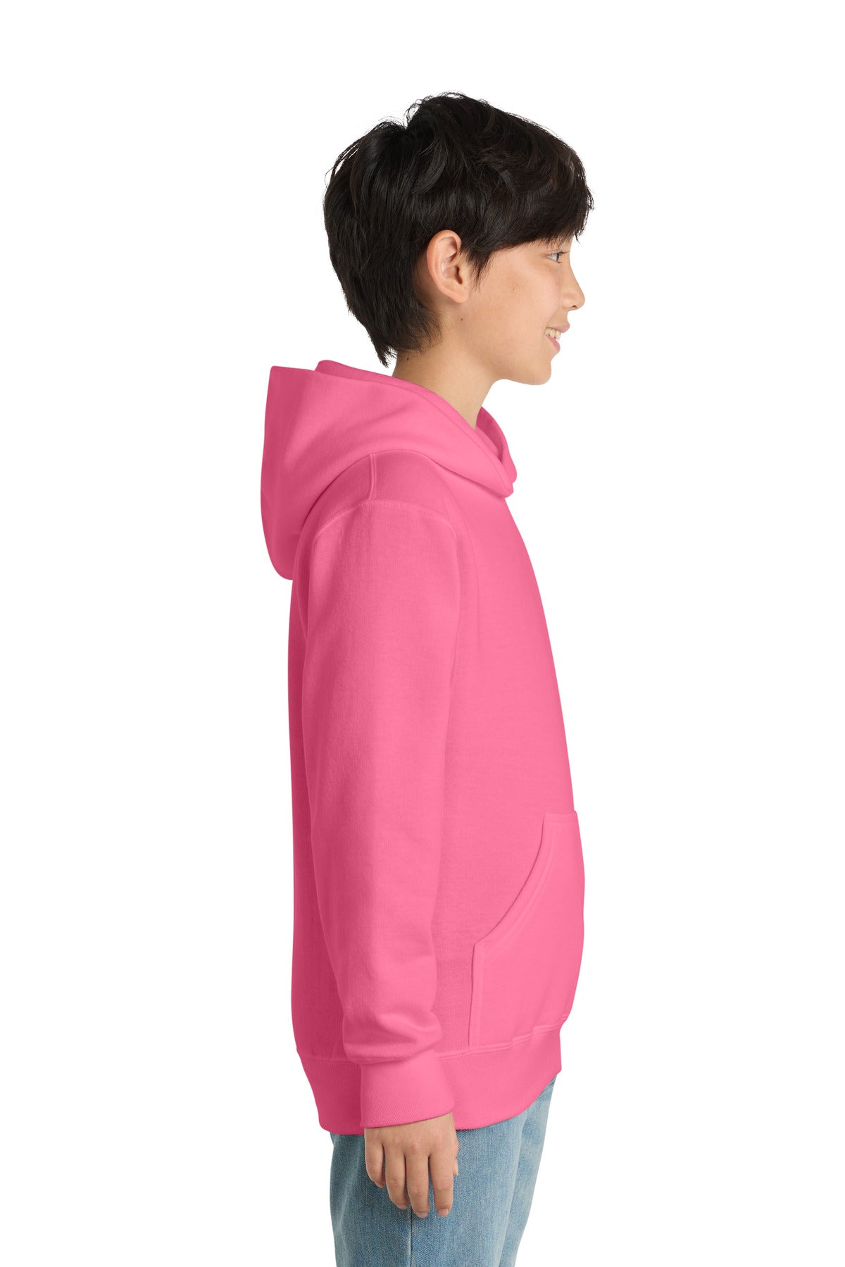 Neon Pink Port & Co Youth Core Fleece Pullover Hooded Sweatshirt. PC90YH