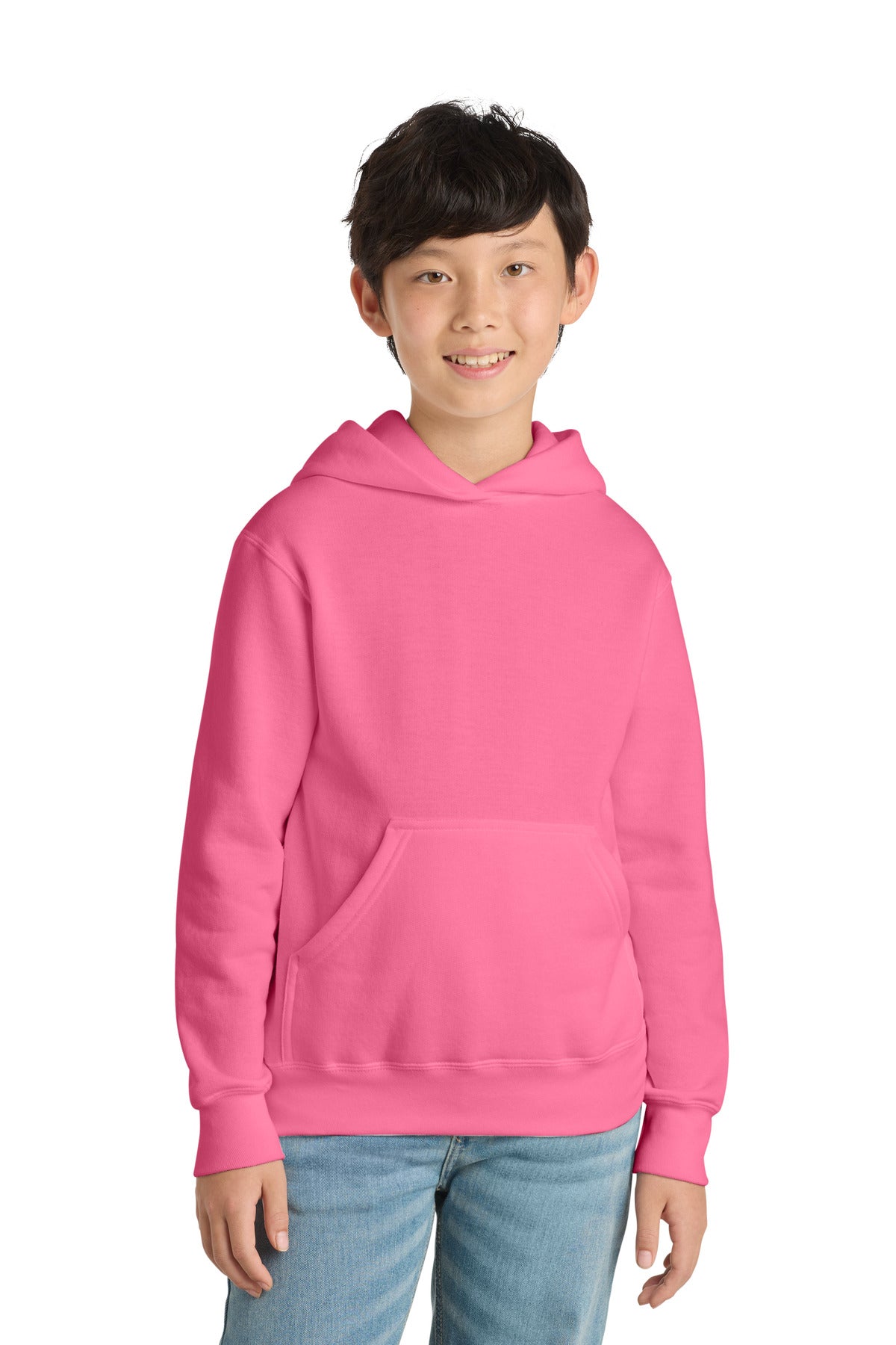Neon Pink Port & Co Youth Core Fleece Pullover Hooded Sweatshirt. PC90YH