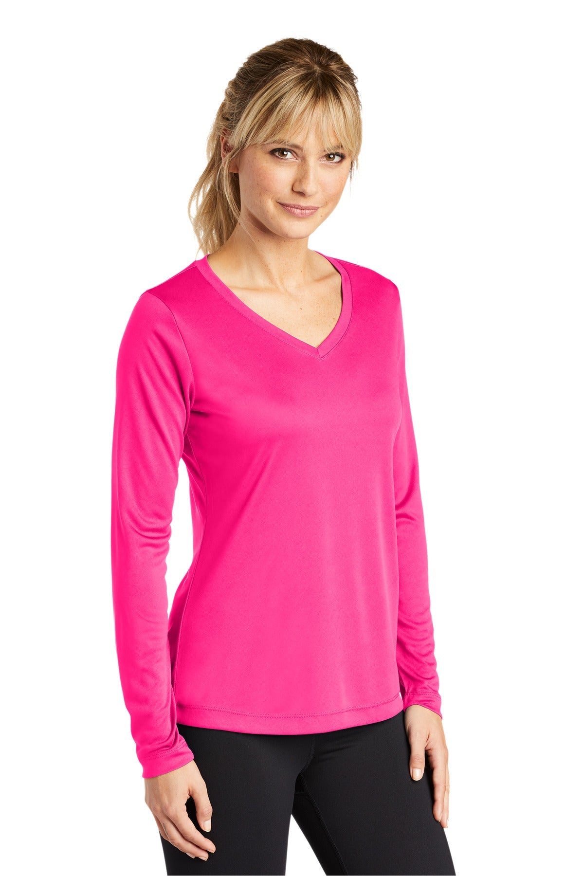 Neon Pink Sport-Tek Women's Long Sleeve PosiCharge Competitor V-Neck Tee. LST353LS