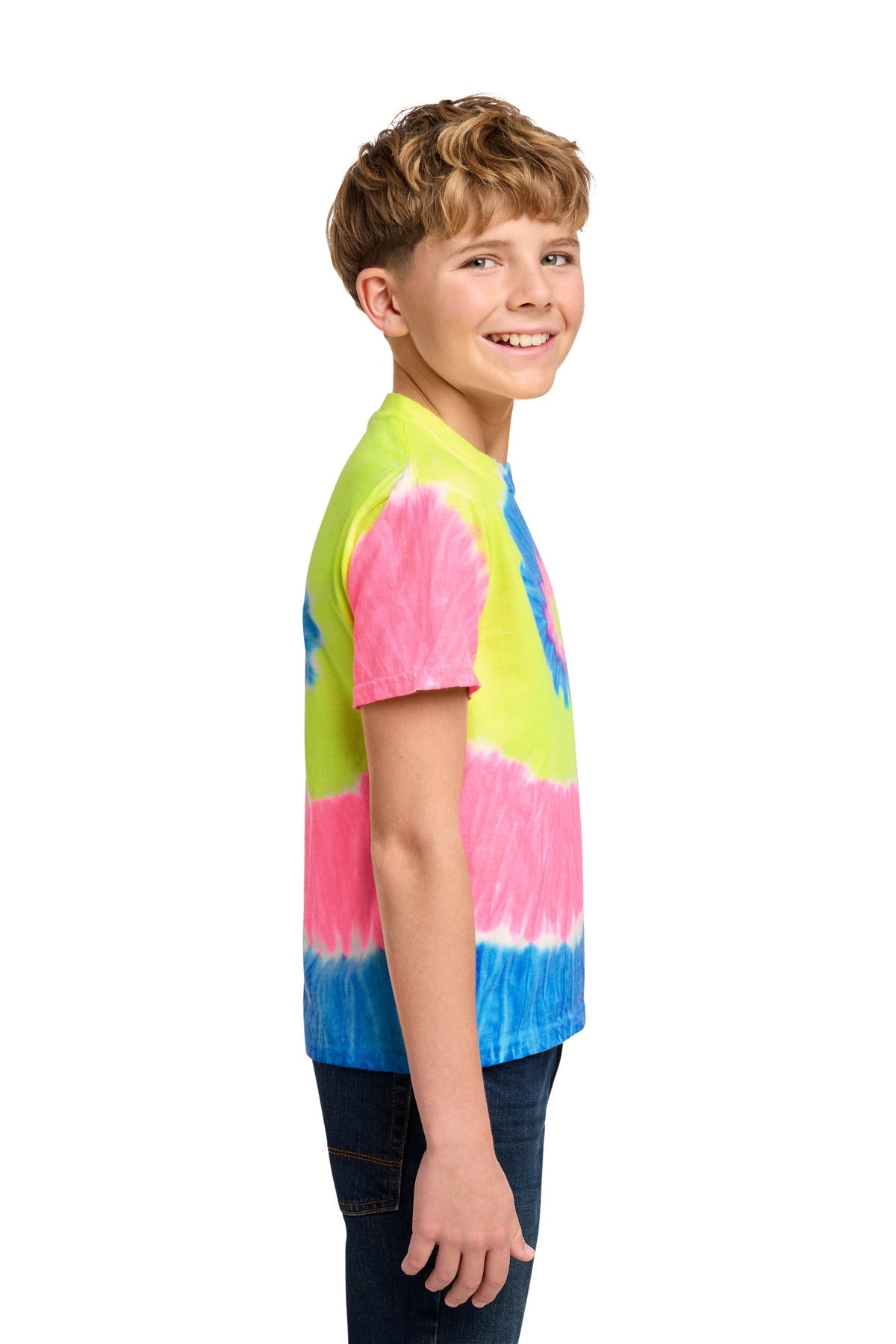 Neon Rainbow Port & Co Youth Tie-Dye Tee. PC147Y