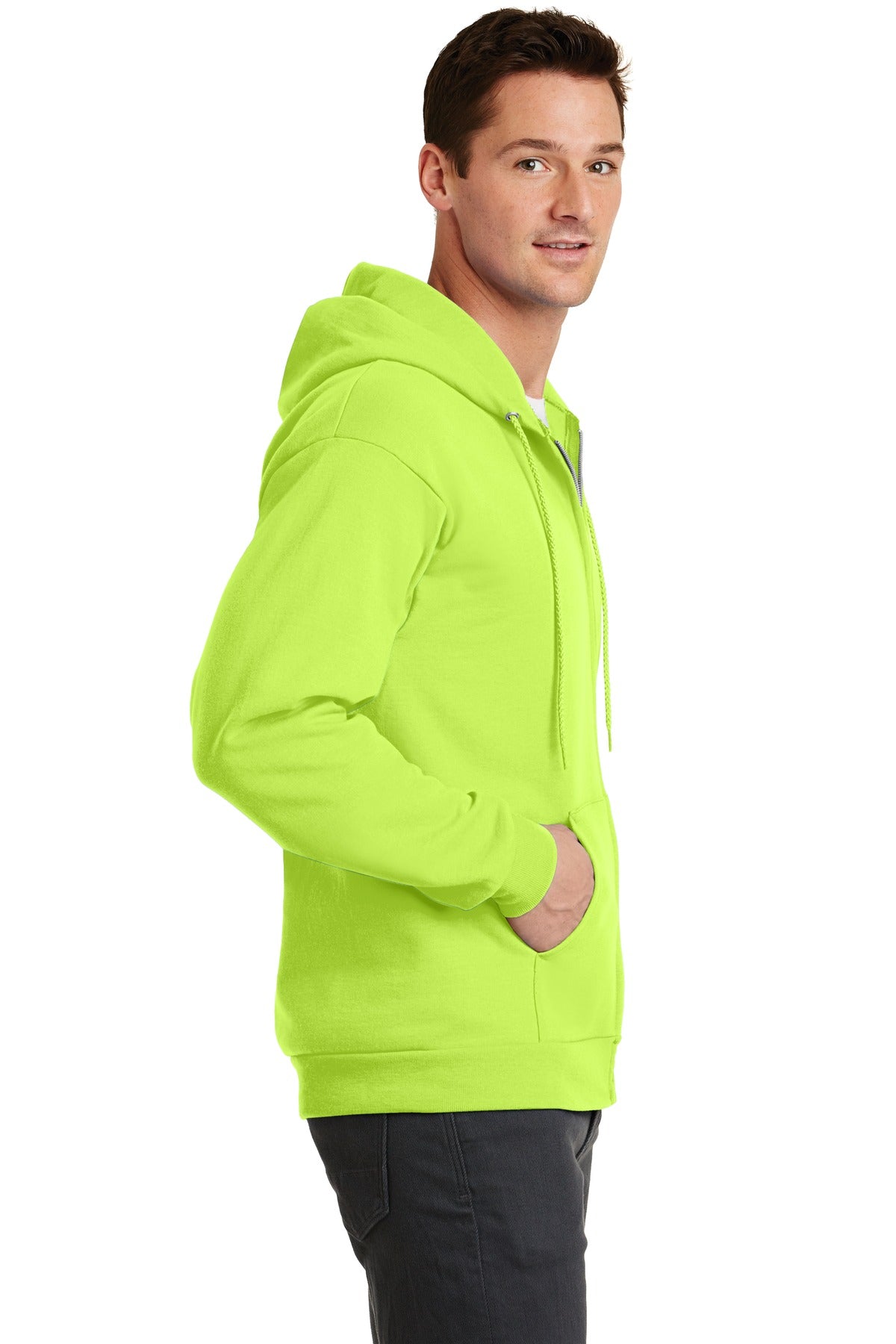 Neon Yellow Port & Co Core Fleece Full-Zip Hooded Sweatshirt. PC78ZH