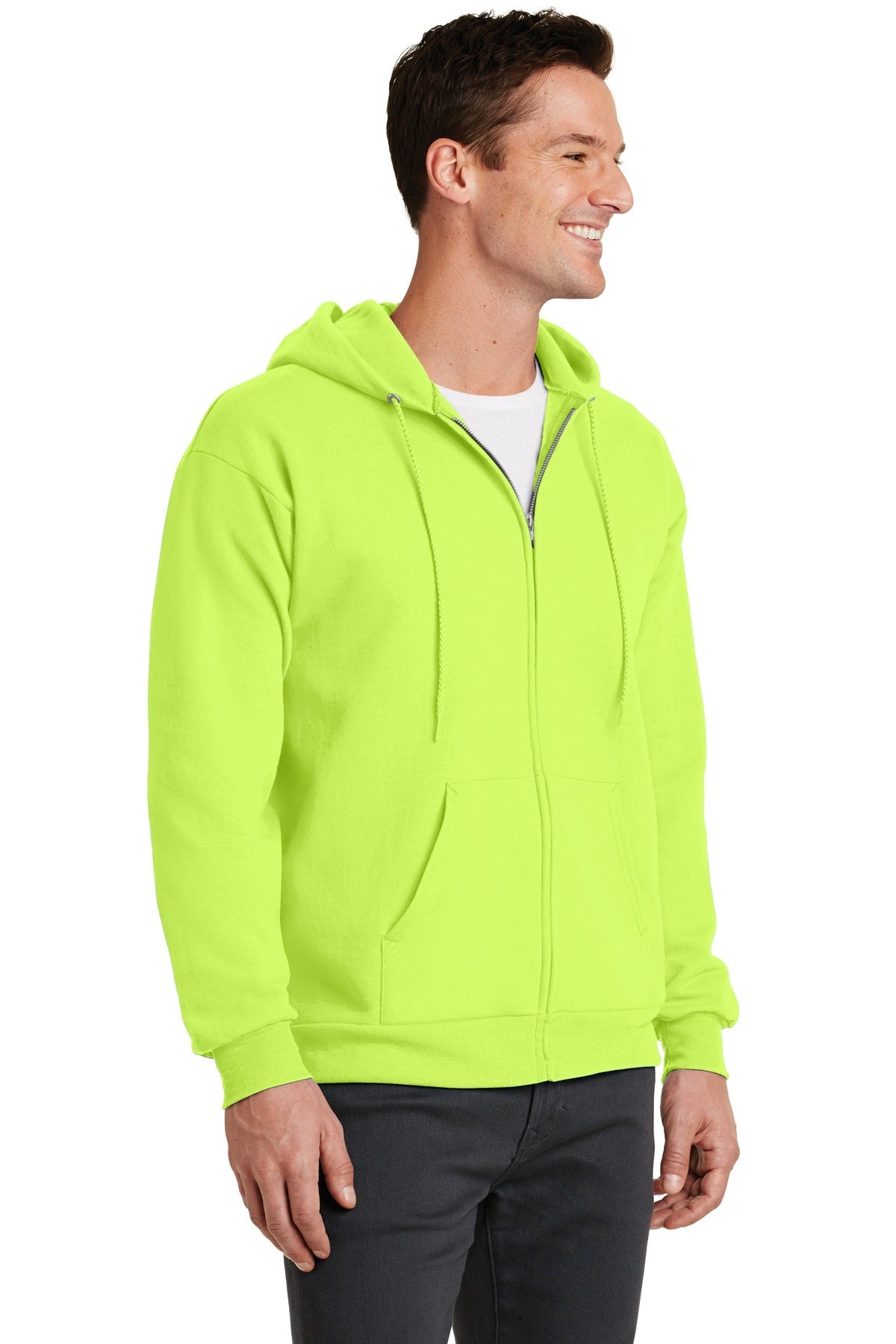Neon Yellow Port & Co Core Fleece Full-Zip Hooded Sweatshirt. PC78ZH