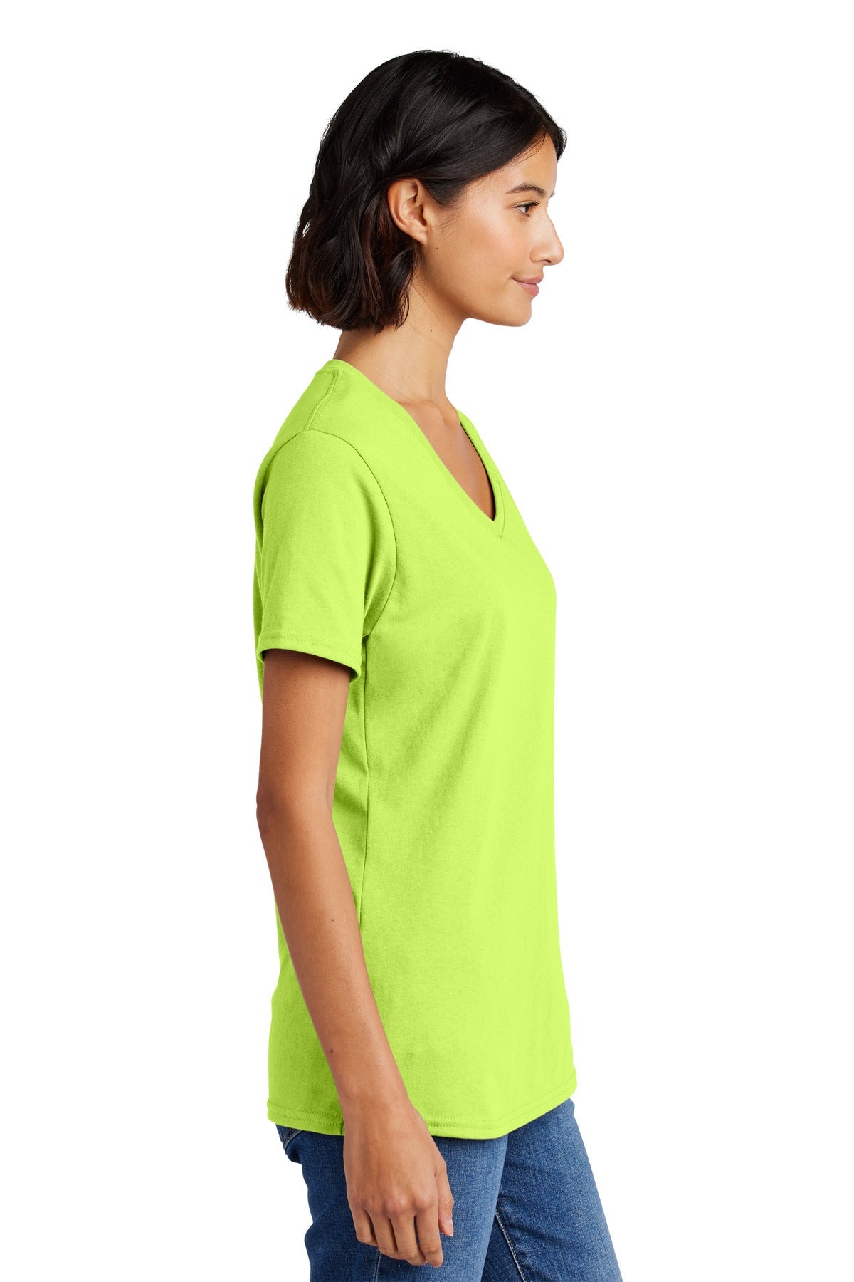 Neon Yellow Port & Co Women's Core Cotton V-Neck Tee. LPC54V