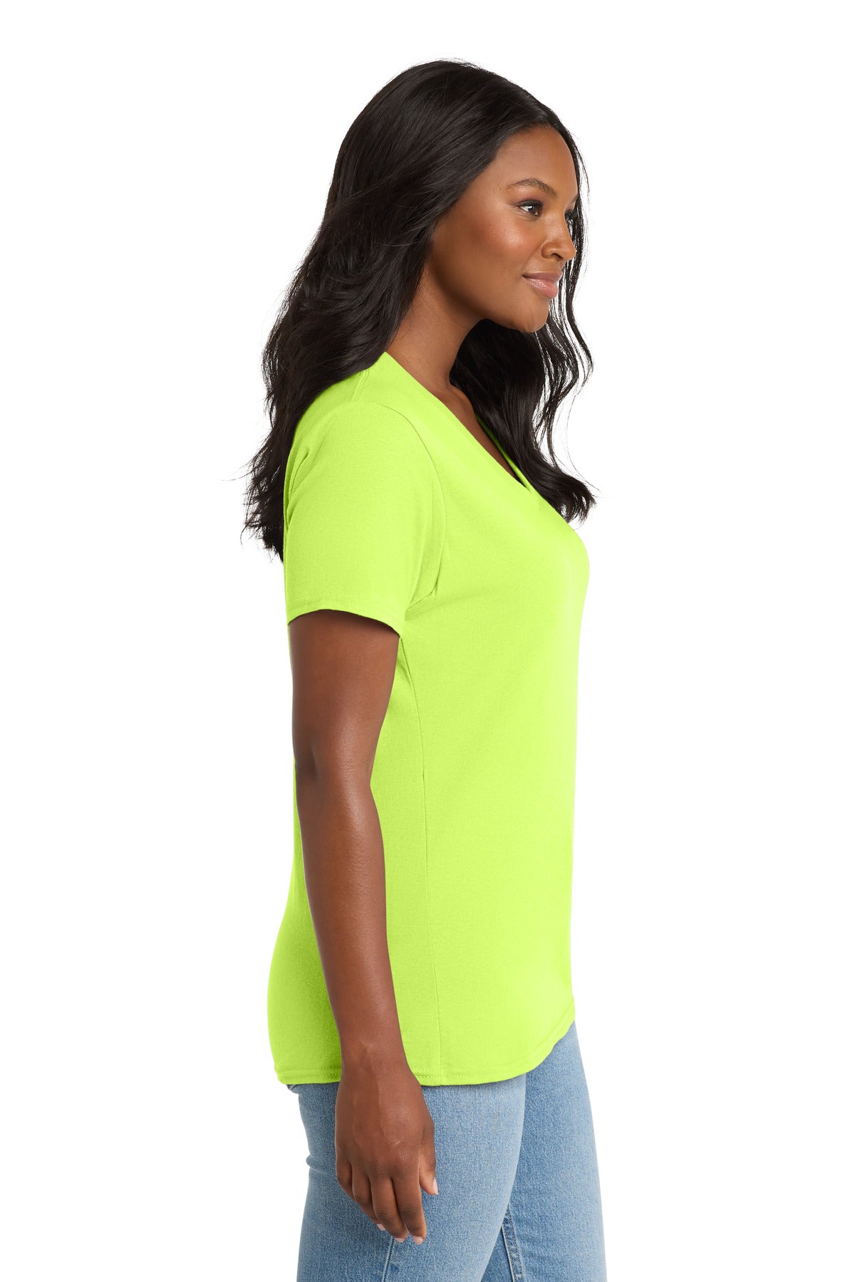 Neon Yellow Port & Co Women's Core Cotton V-Neck Tee. LPC54V