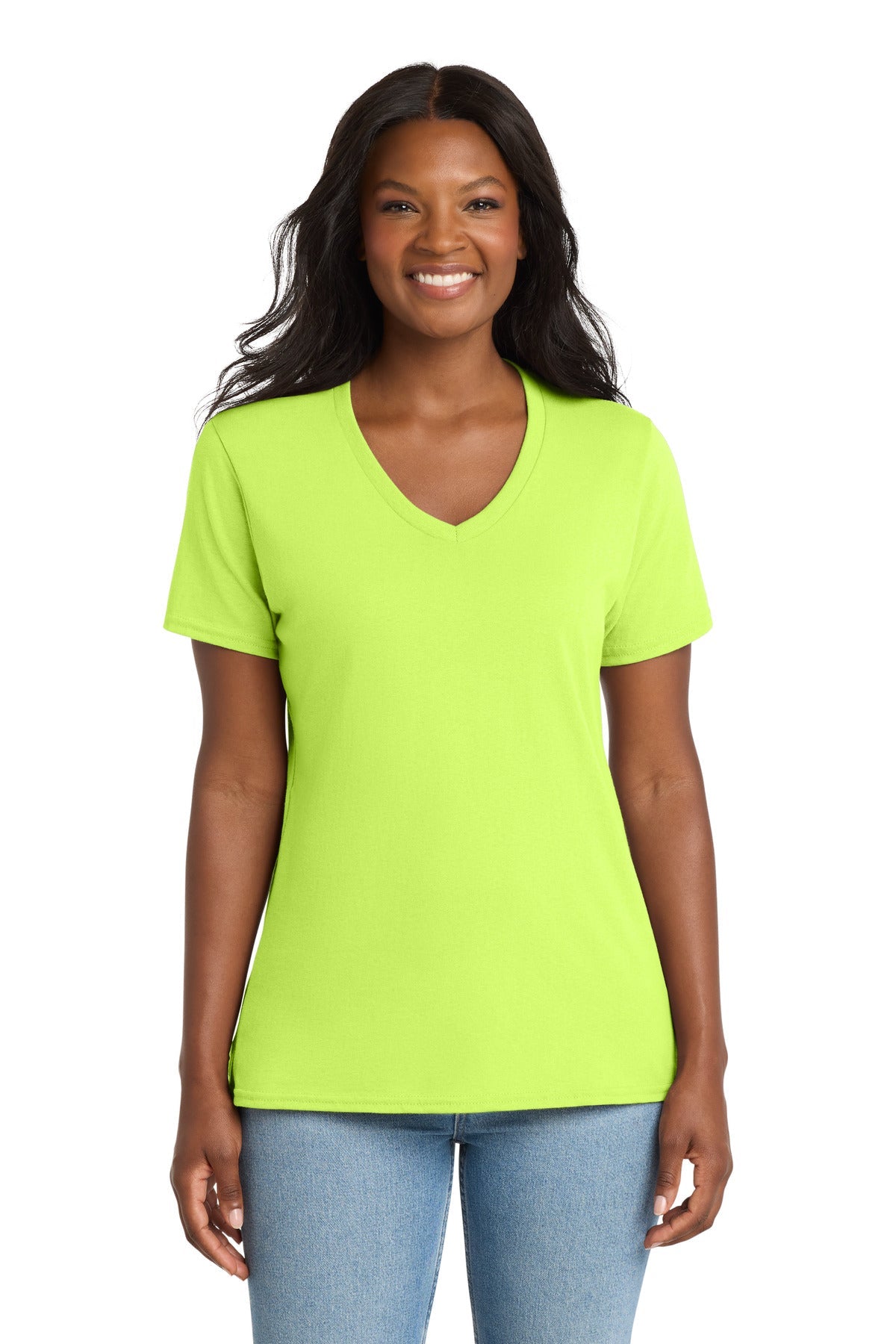 Neon Yellow Port & Co Women's Core Cotton V-Neck Tee. LPC54V